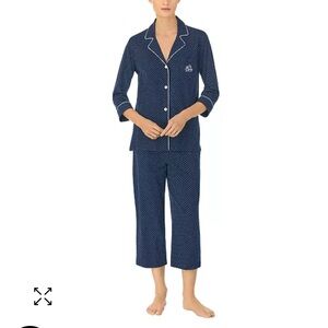 Ralph Lauren navy polka dot 3/4 sleeve cotton notch collar capri pant pajama set